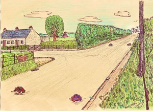 Sketch from his book, jumpers on the road for goalposts..